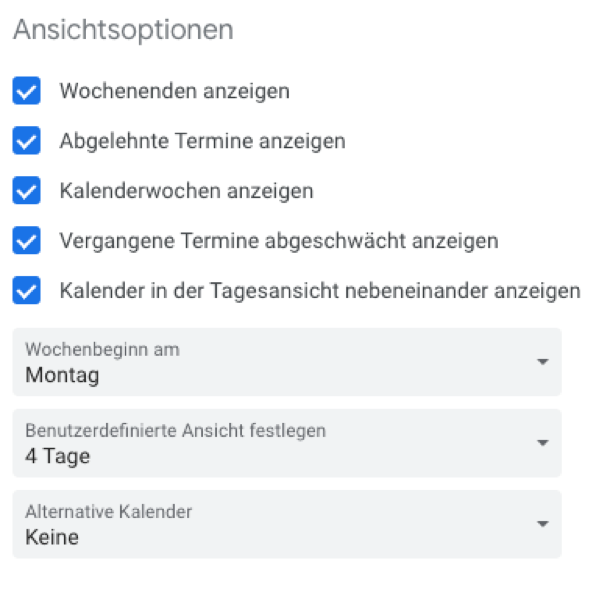 Google Funktionen Kalender Ansichtsoptionen